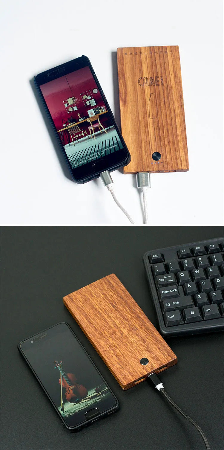 Wooden handicraft power bank with 8000mAh capacity, fast charge output, and slim rectangular design