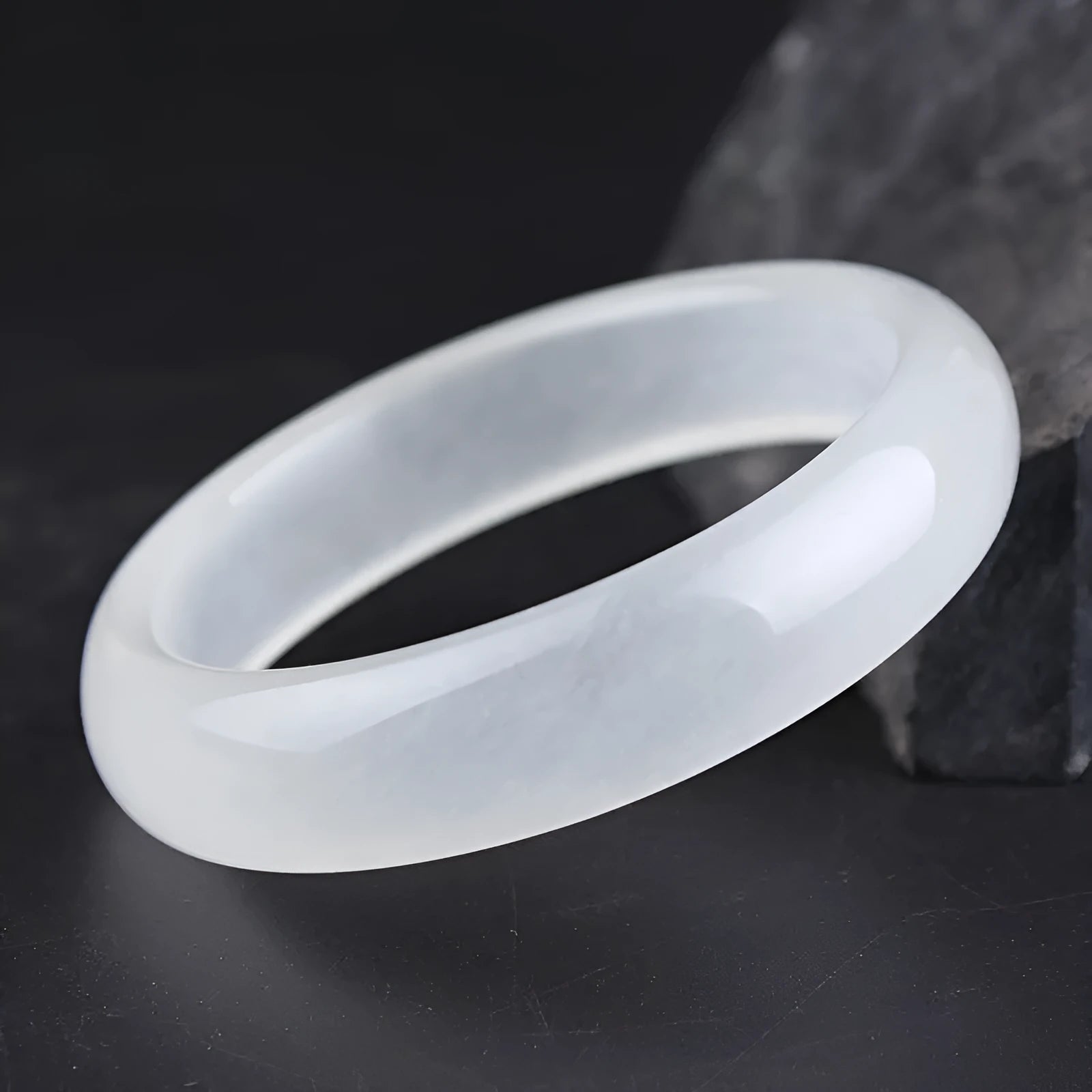 Gao Bing white jade bracelet in flat rod and round rod designs showing six size options