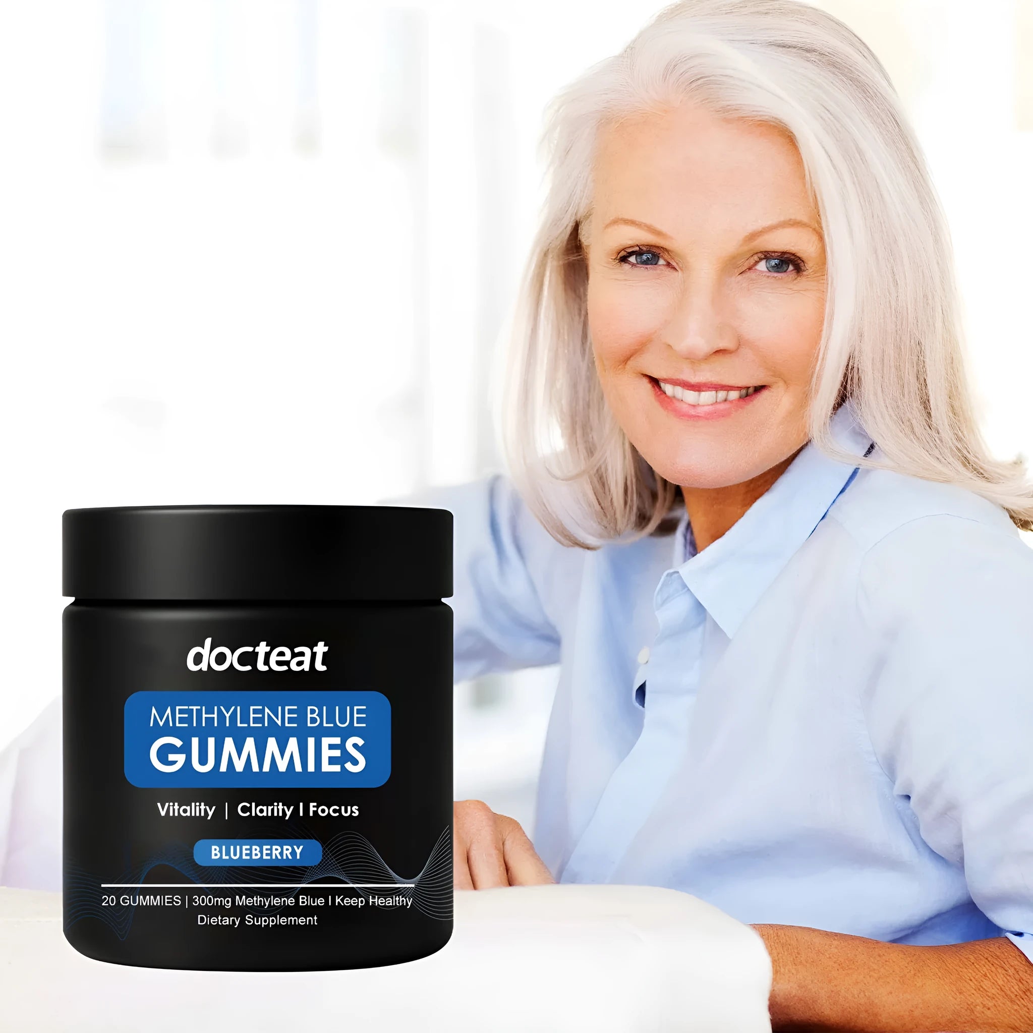 Pack of 20 citrus-flavoured soft candy dietary supplement gummies containing methylene blue trihydrate.