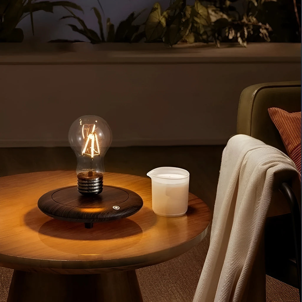 Suspension bulb creative night lamp with iron art construction and black wood grain base