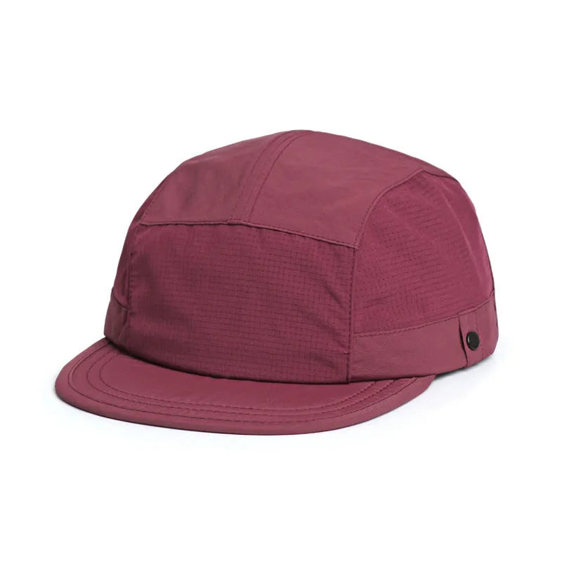 Khaki coloured dome crown summer cap made from breathable polyester fabric on a white background.