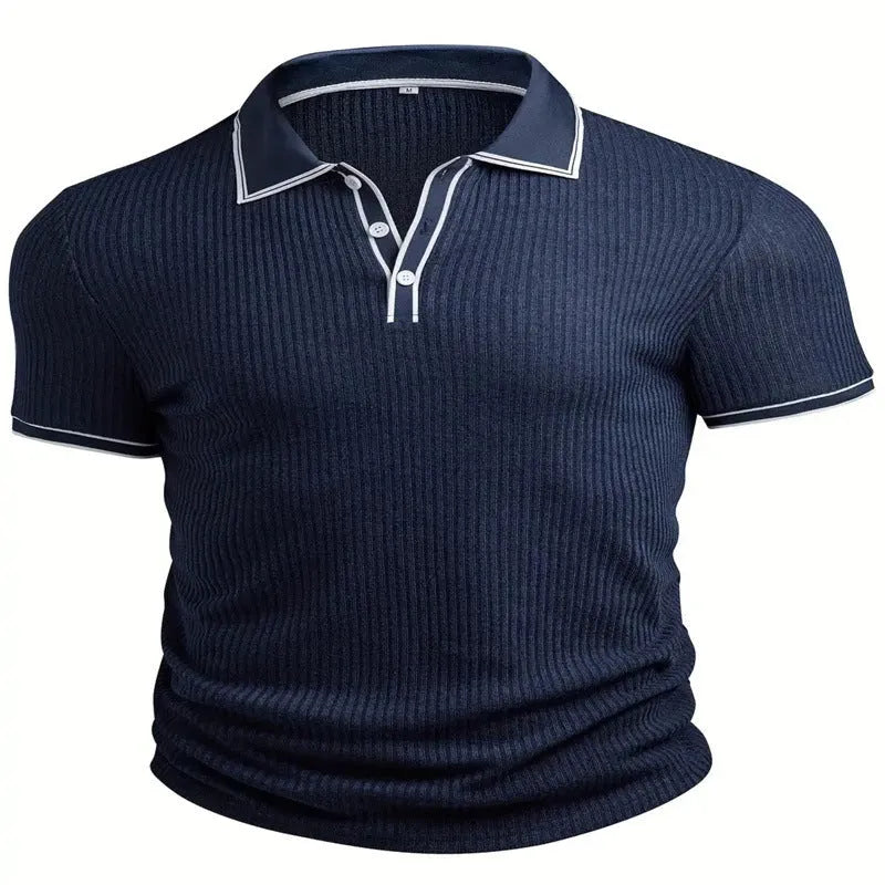 Men's loose fit striped polo short sleeve shirt in multiple colours on a hanger