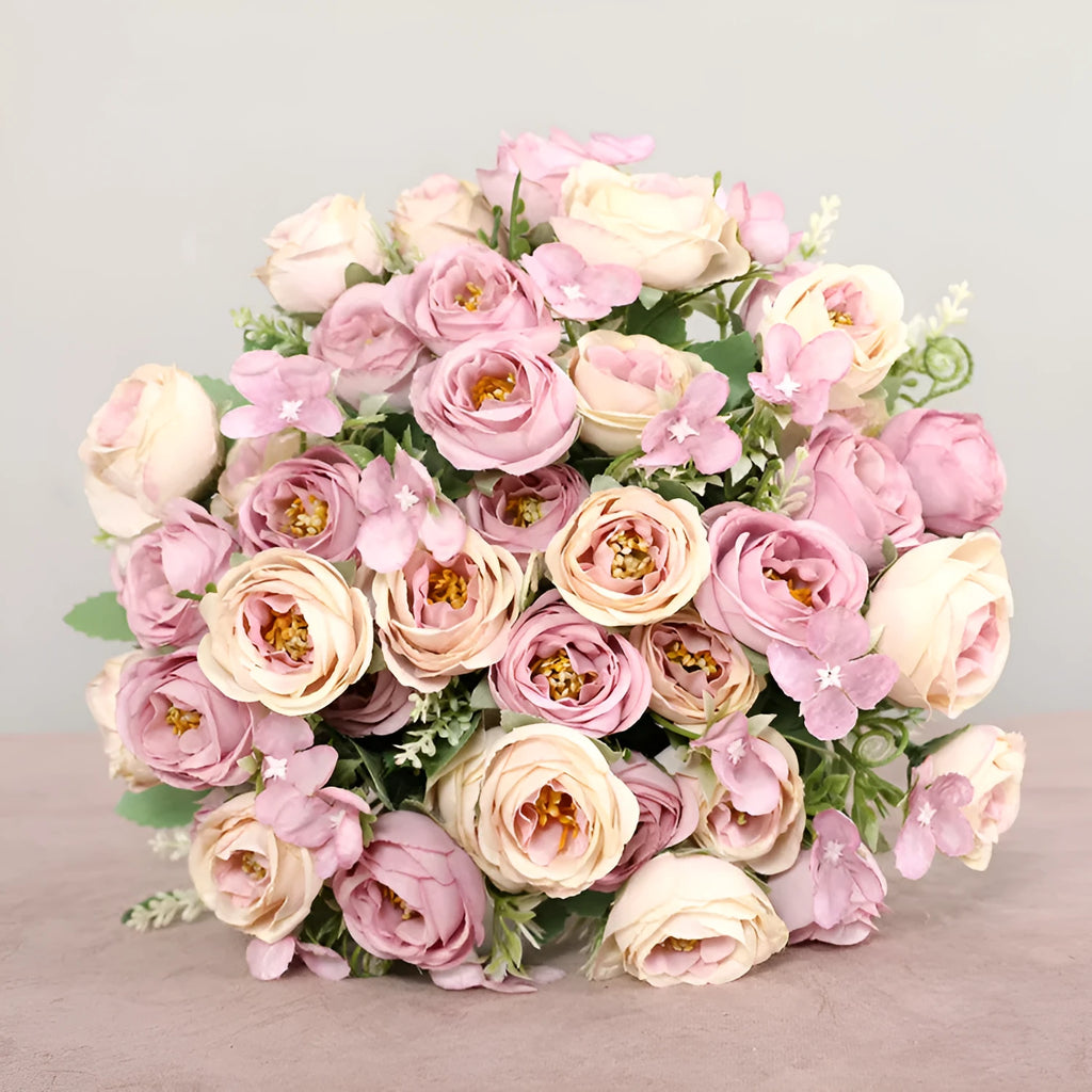 Simulated 5-prong wedding rose bouquet with 10 spring roses in five colours, 30cm length