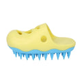 Blue and yellow TPR dog bath massage brushes showing quincuncial head, pointed toe, and horizontal pattern styles.