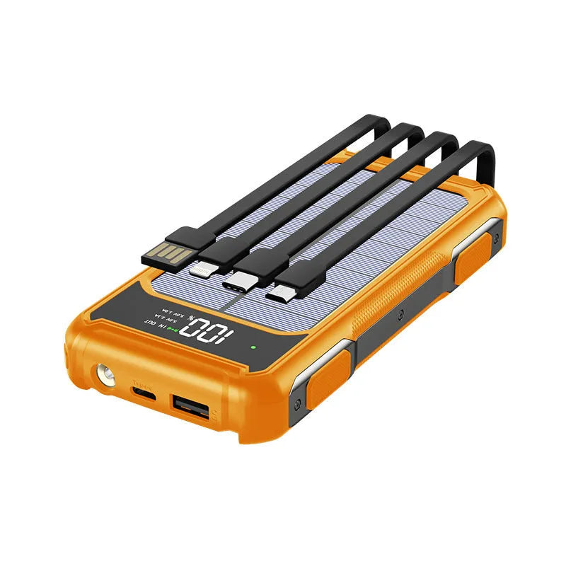 Black military grade large capacity power bank showing size, with 10000mAh and 20000mAh capacity options.