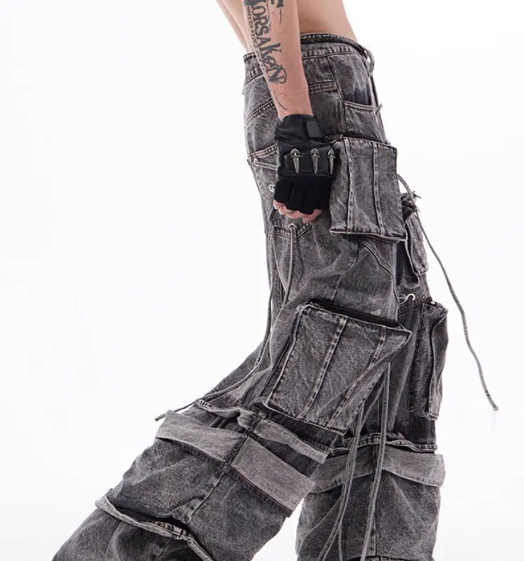 Grey distressed denim overalls with rope stitching mop pants design American style