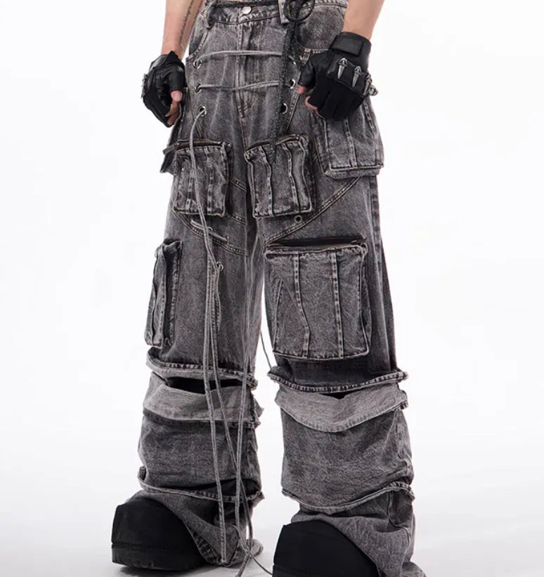 Grey distressed denim overalls with rope stitching mop pants design American style