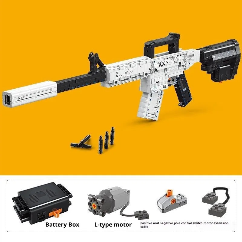 Colour box of plastic building blocks for a removable M4A1-style toy gun with battery power supply