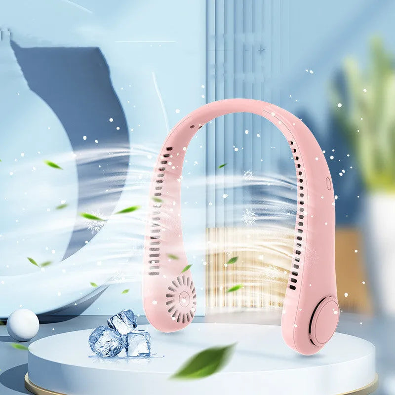 White bladeless rechargeable neck fan hanging on a person, showing its wearable design.