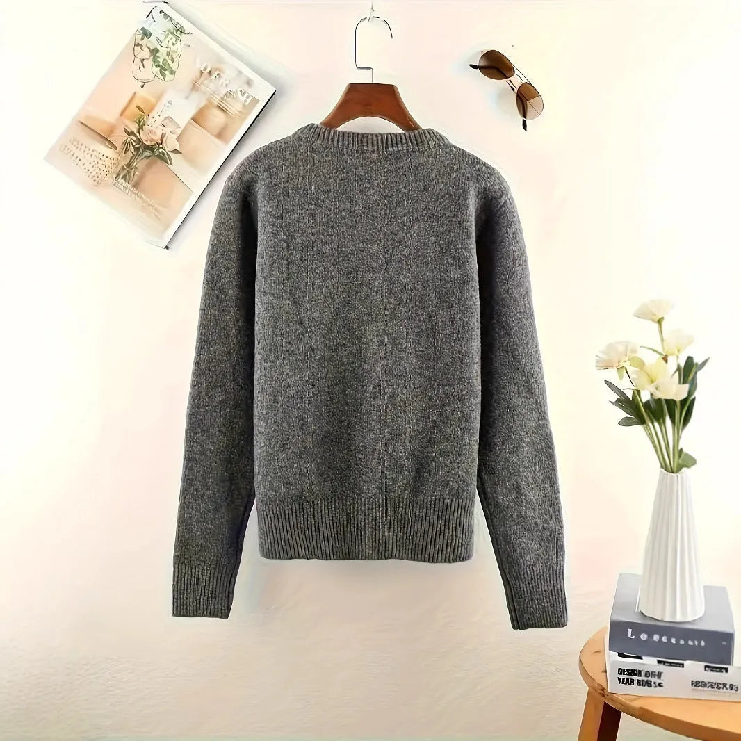 Dark grey women's button-front cardigan with long sleeves on a hanger.