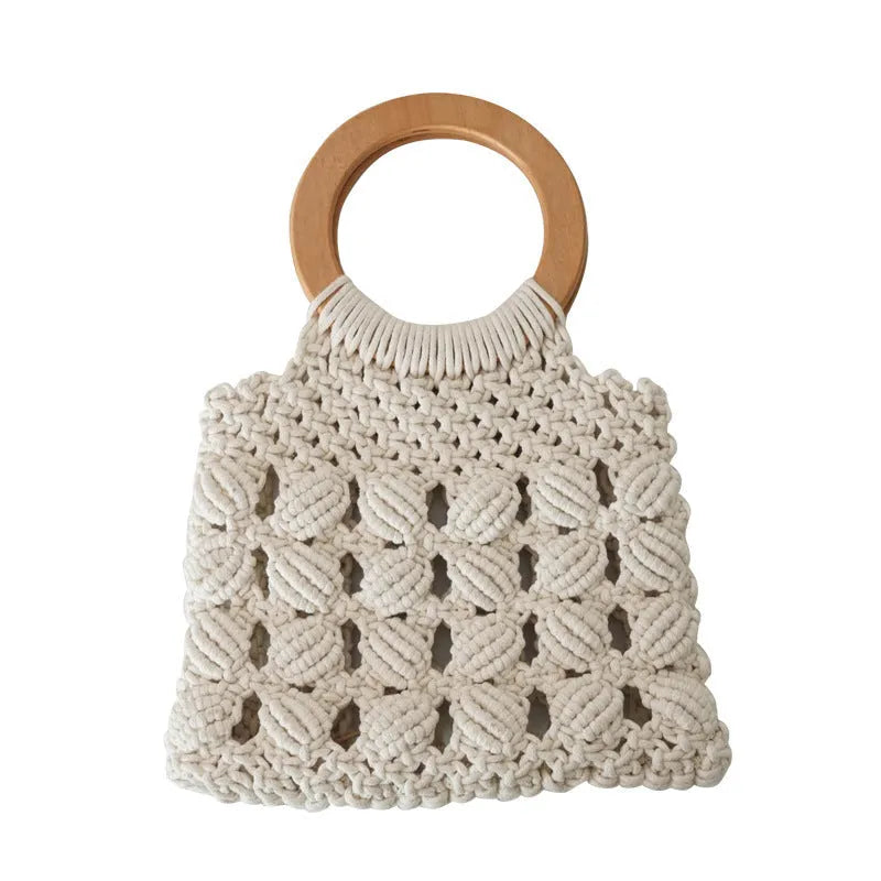 Handmade straw bag women woven wicker handbag Mori style solid colour with cotton lining and hard handle