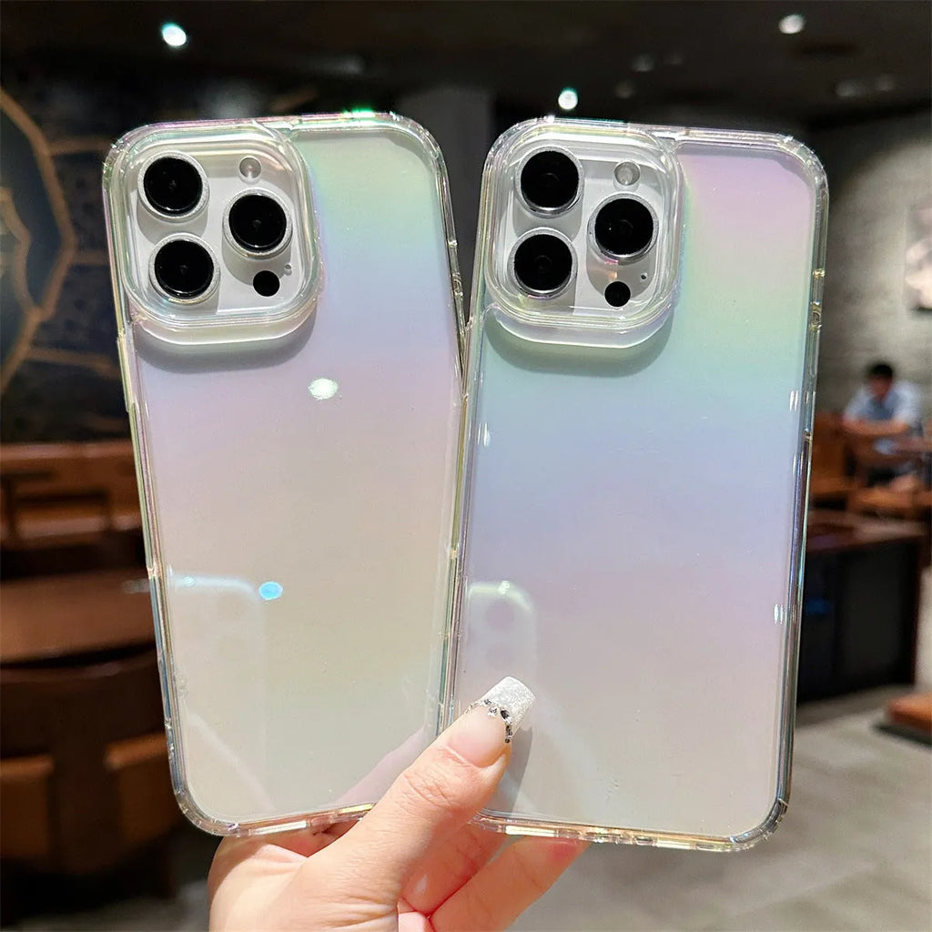 Colourful PC TPU phone case with mirror finish for iPhone 15 series, pink and purple options shown