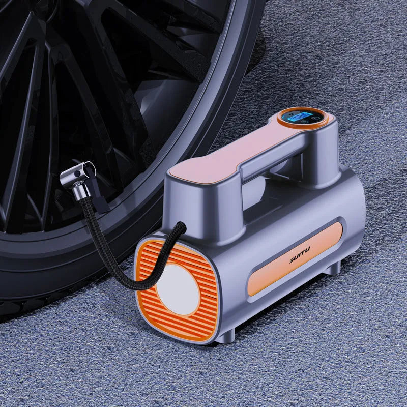 Portable cordless car tyre inflator with digital display showing pressure reading on ABS plastic housing