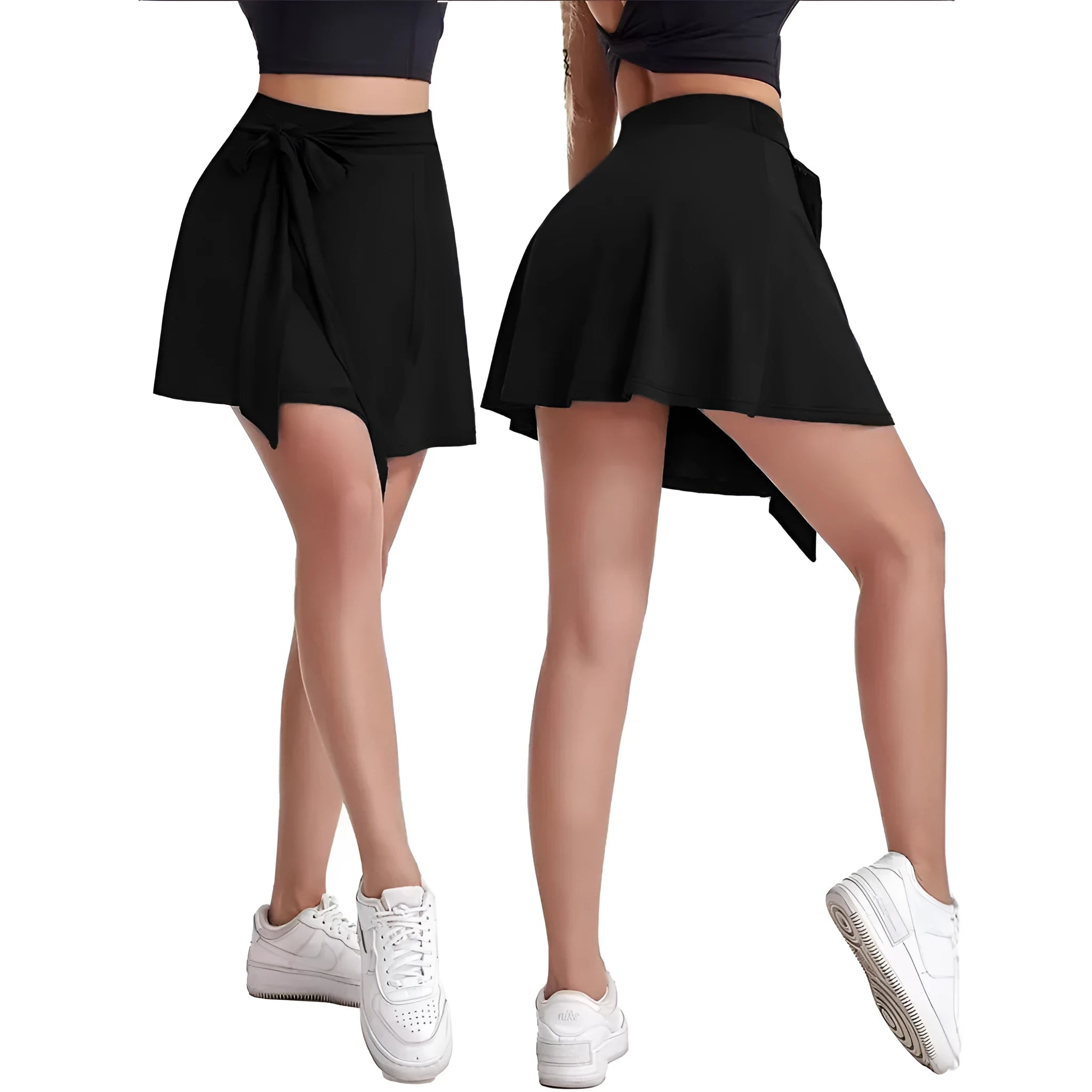 Black thigh-length sports skirt with built-in shorts and adjustable shoulder strap