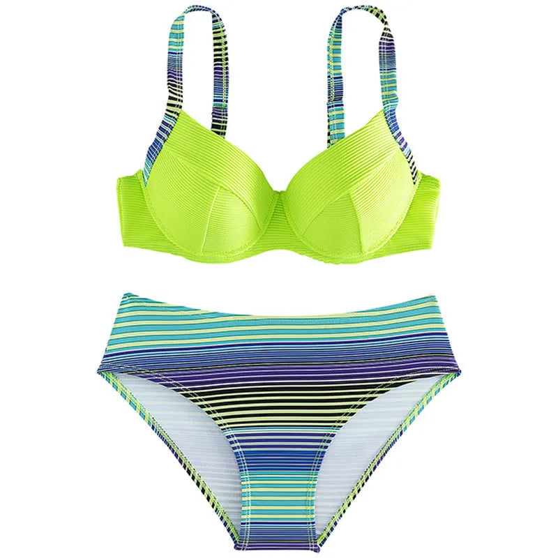 Green printed halter neck bikini set for women, showing top and briefs.