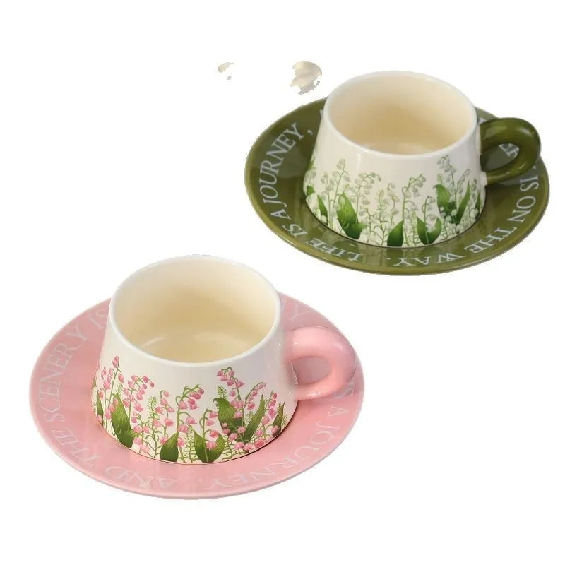 Ceramic coffee cup and saucer set with two 300ml mugs in couple designs