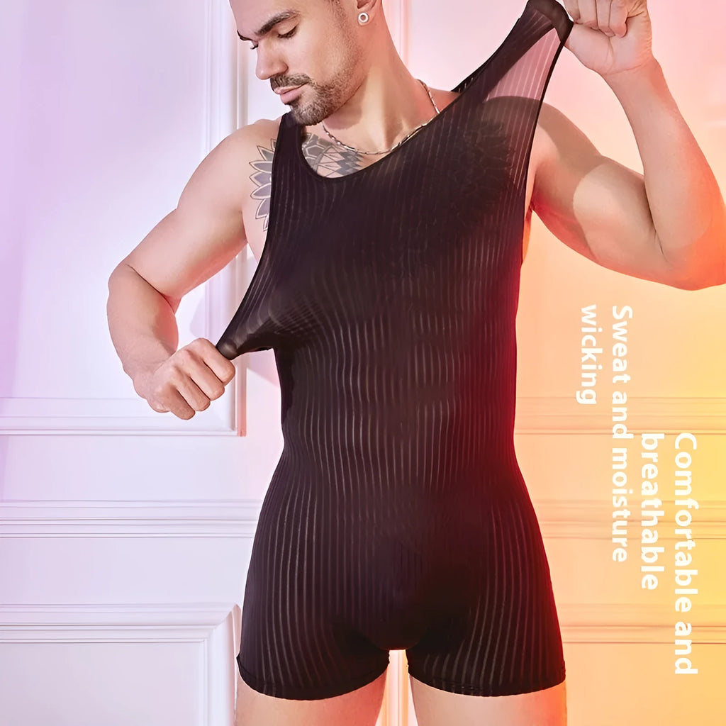 Men's striped nylon jumpsuit in free size with vertical bar pattern