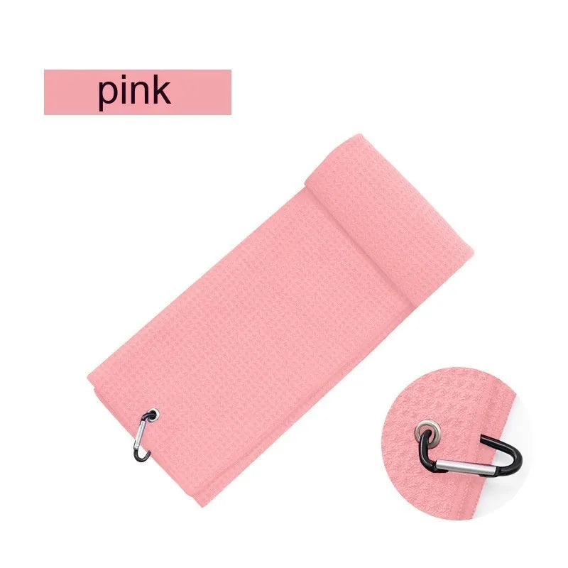 Waffle weave golf ball cleaning cloth towel in multiple colours showing embroidery detail