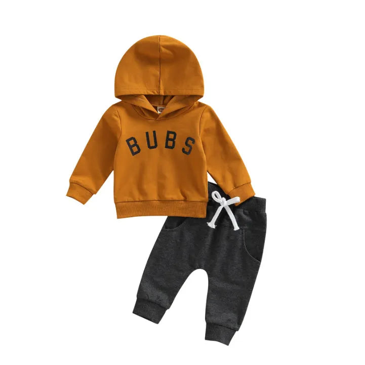Boys' cotton letter printed hoodie trousers suit in dark brown, long sleeves, suitable for heights 70-110cm