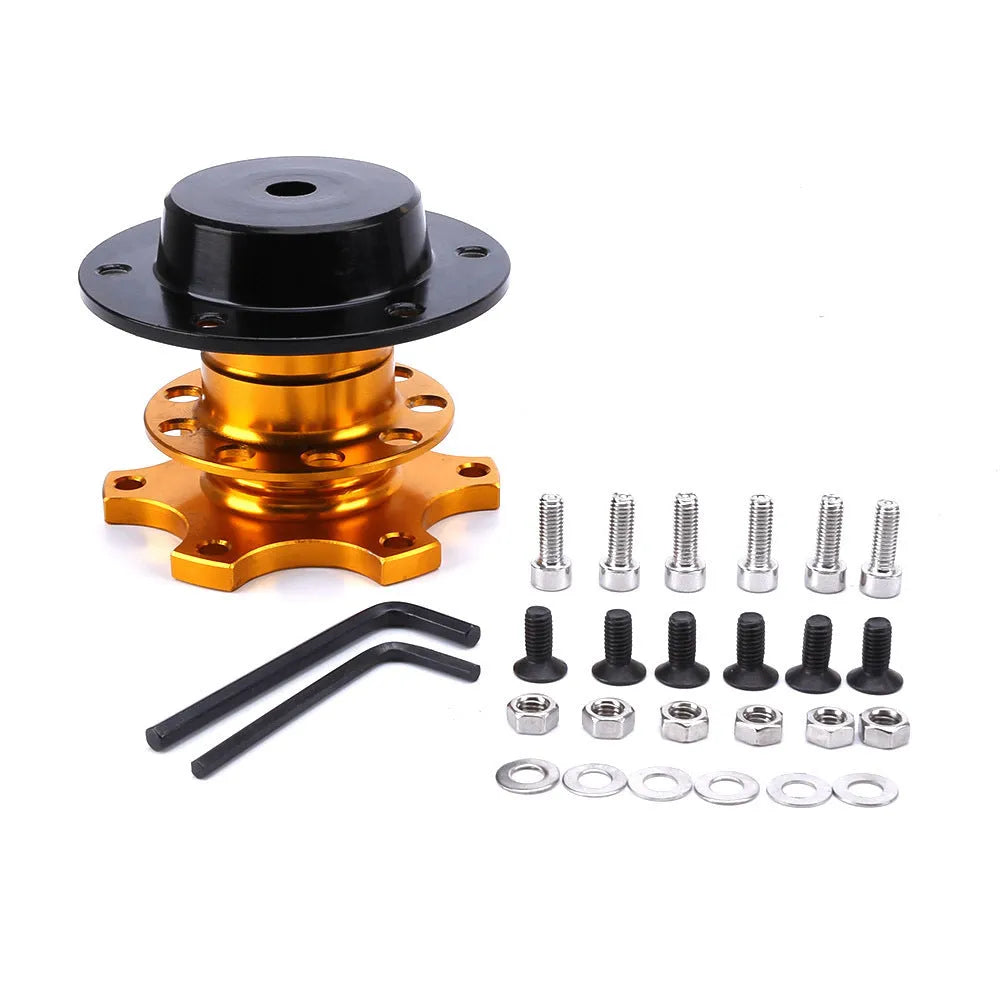 Car quick release steering wheel adapter device in black, red, blue, silver, and gold colour options.