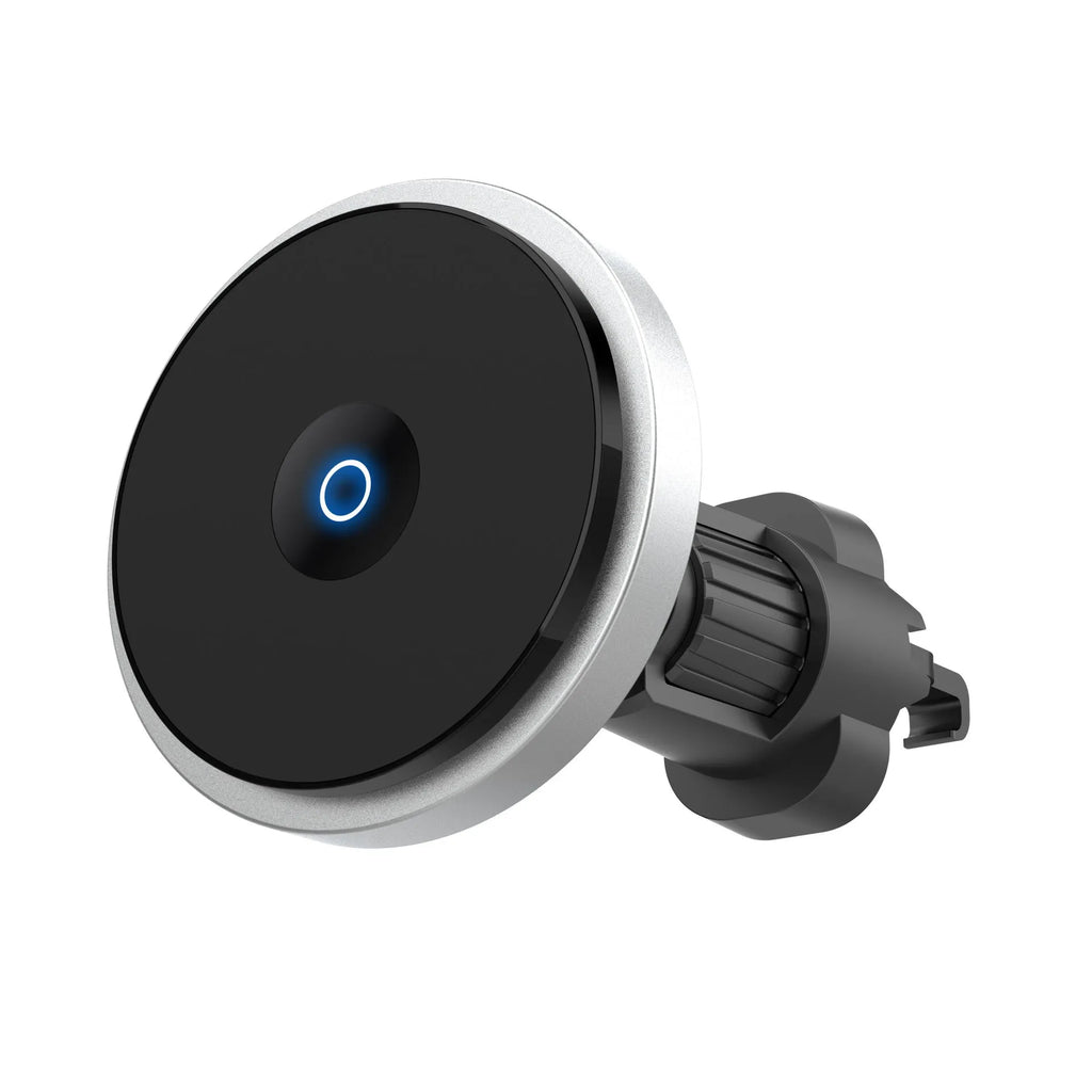 Circular aluminium alloy car wireless charging bracket mounted on air vent with phone charging