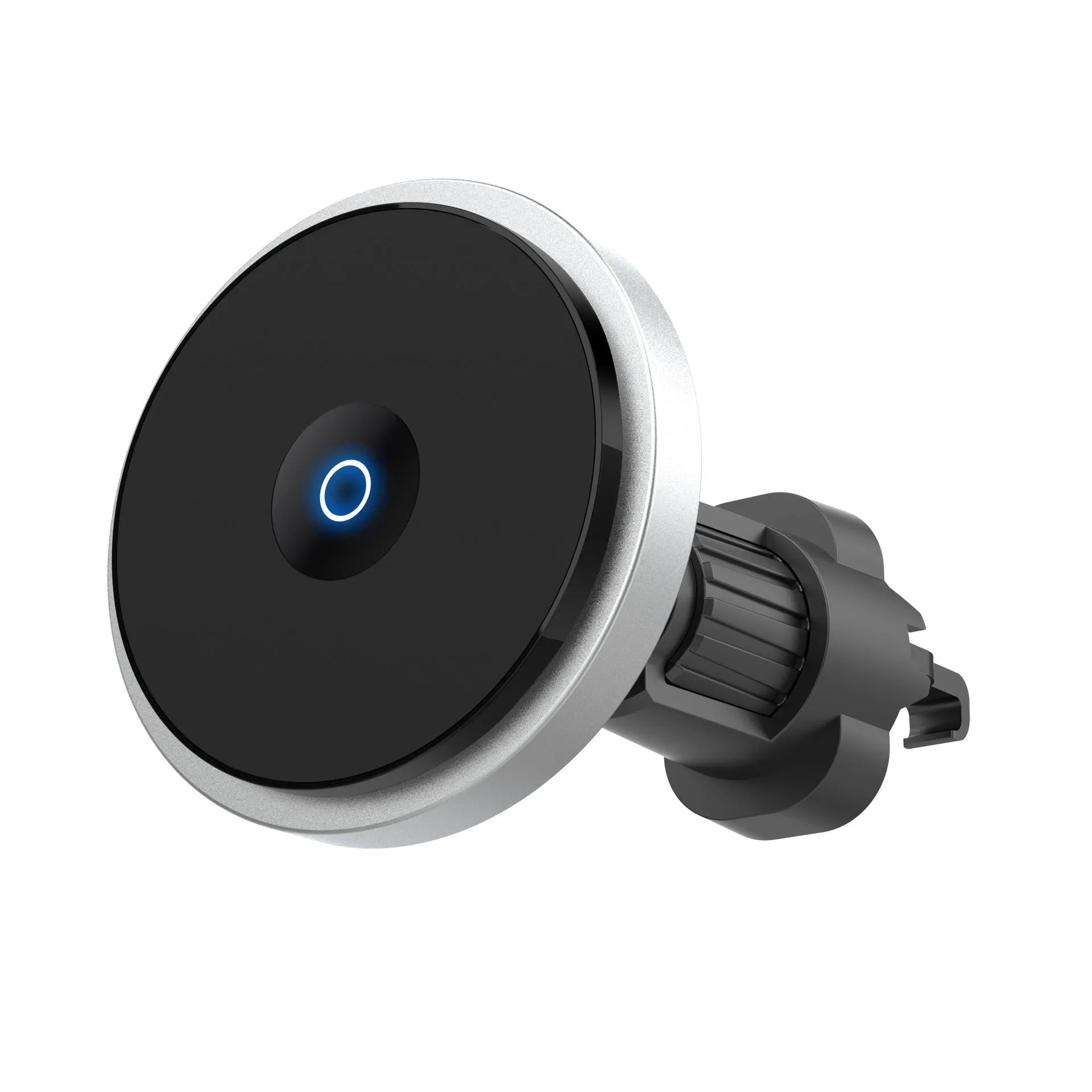 Circular aluminium alloy car wireless charging bracket mounted on air vent with phone charging