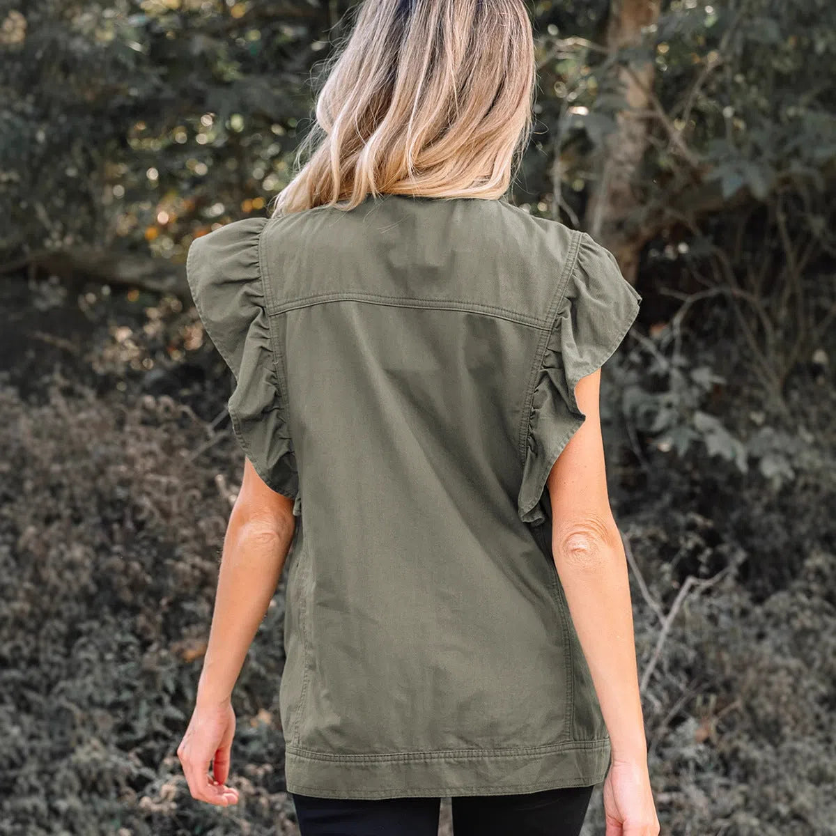 Green Bay ruffled patchwork denim jacket vest for women made from 100% cotton