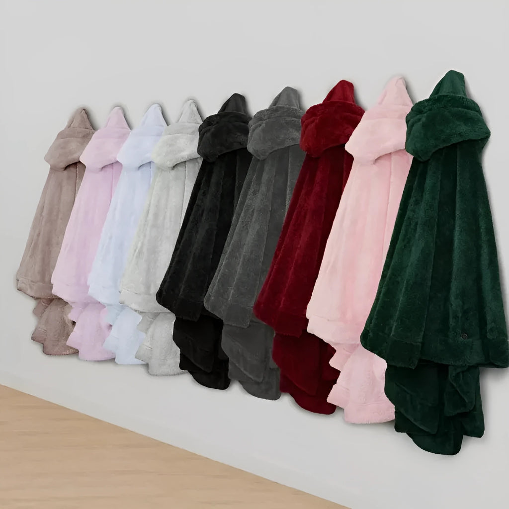 A thick, hooded, long-sleeve bathrobe in a solid colour, shown on a hanger.