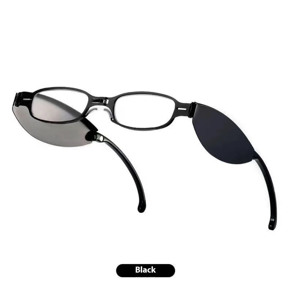 Folding presbyopic glasses in retro style with ring elements, shown in black and silver frame colours