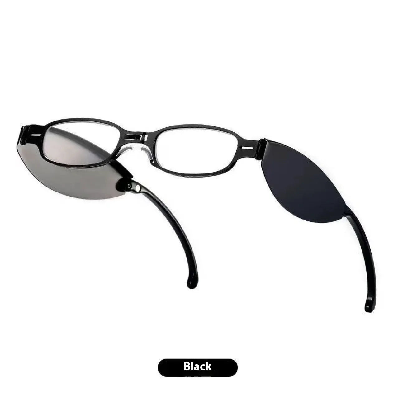 Folding presbyopic glasses in retro style with ring elements, shown in black and silver frame colours