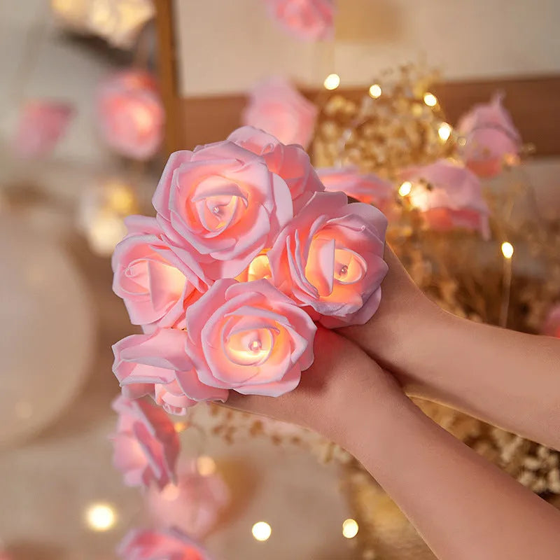LED rose shaped coloured lights on 1.5m cable with battery power unit for indoor holiday decoration