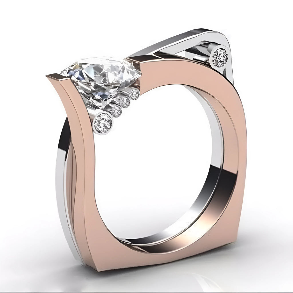 Rose gold electroplated geometric alloy ring with zircon stone inlays on a white background.