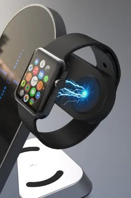 Black multifunctional alarm clock with integrated wireless charging pad and digital display.