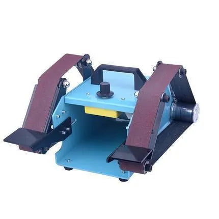 Blue desktop dual-axis belt sander and polisher tool with variable speed control for workshop use.