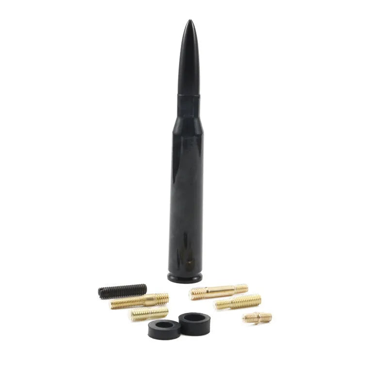 Bullet-style car antenna in black, camouflage green, and American flag designs, length 14cm.