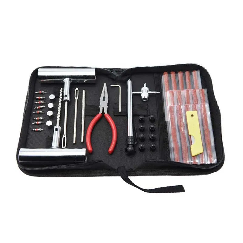 Quick First Aid cloth bag containing a 43-piece steel tyre repair tool kit for bicycles and motorbikes.