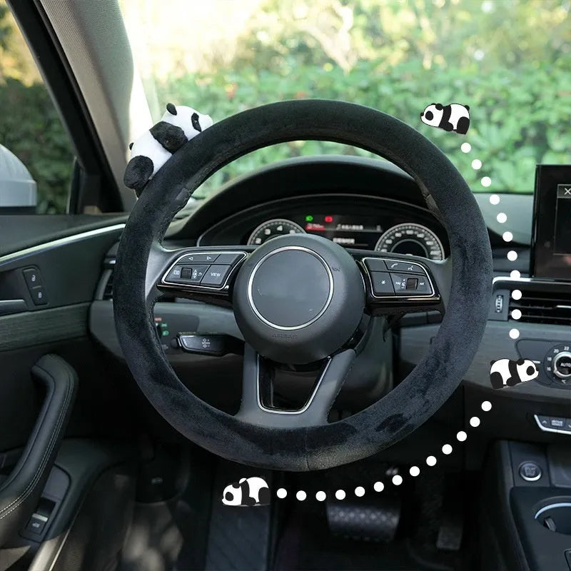 Black plush panda steering wheel cover and shoulder pad set for winter car comfort
