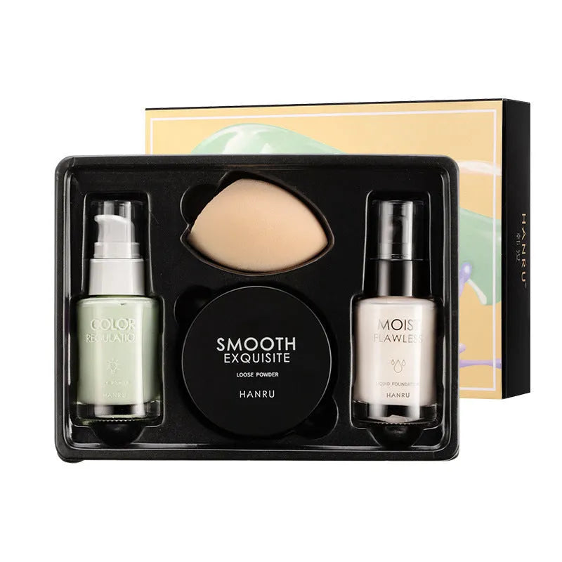 4-piece makeup set with liquid foundation isolation milk loose powder and beauty egg in ivory and green natural and purple colours