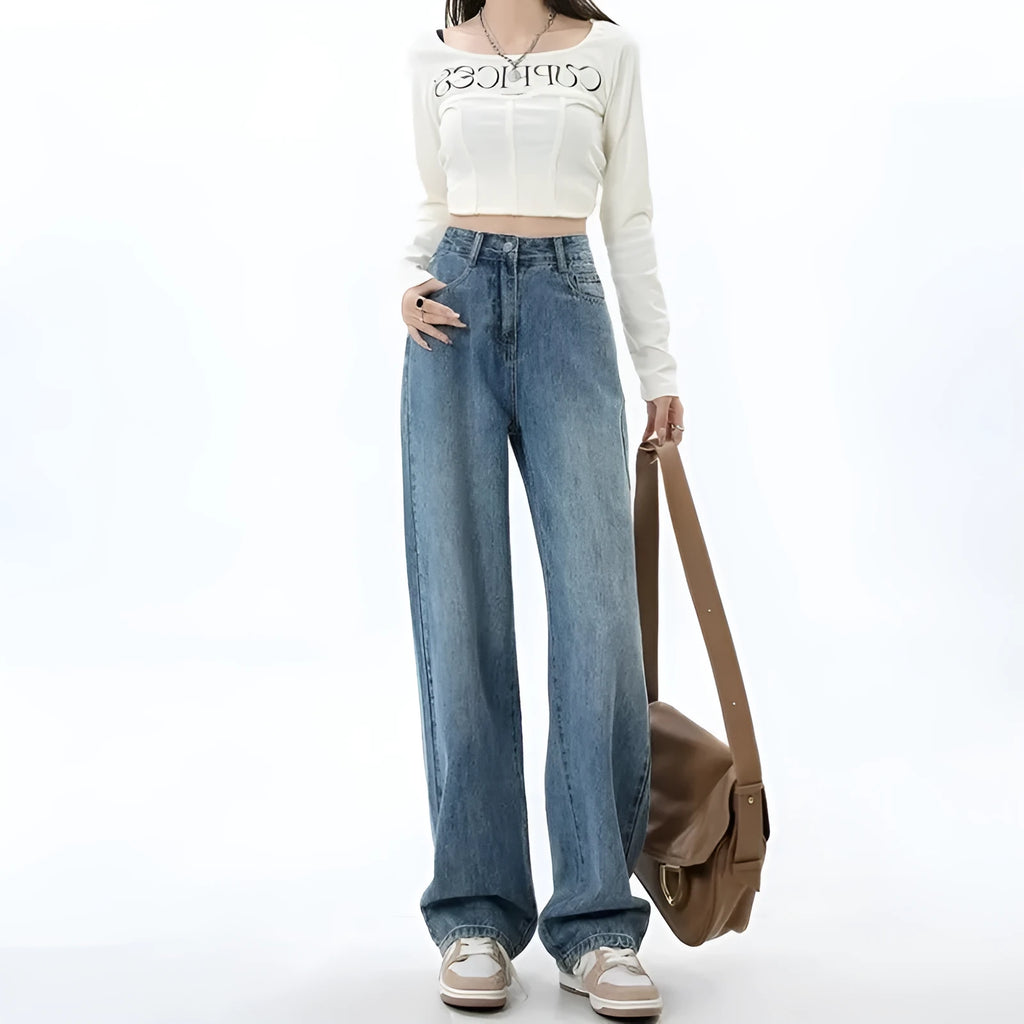 Women's retro blue high waist wide leg jeans on a hanger, showing straight cut and front button detail.