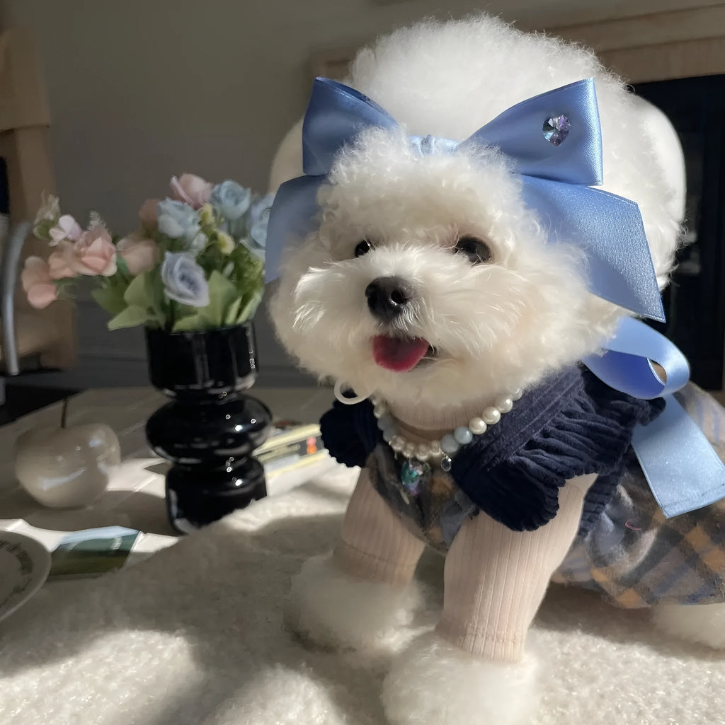 Adjustable blue dog hair band with a large pink princess bow on a white background