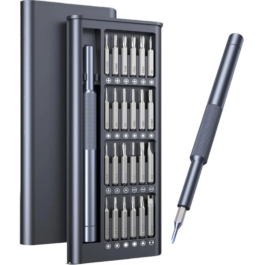 25-in-one magnetic screwdriver set with chrome vanadium steel bits and black ABS handle.