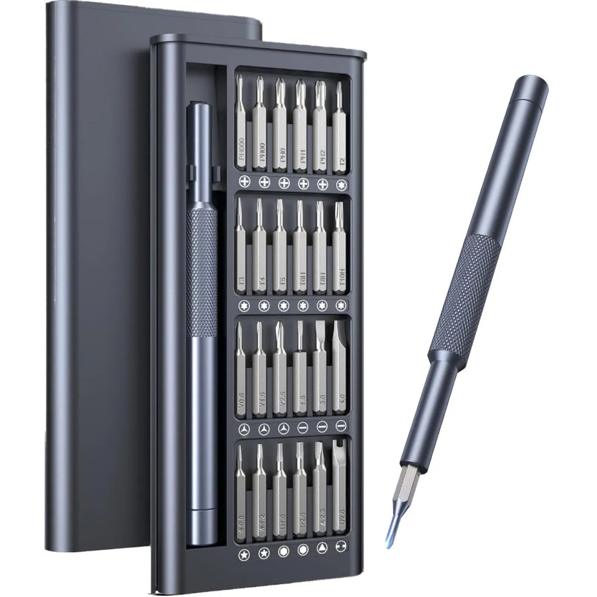 25-in-one magnetic screwdriver set with chrome vanadium steel bits and black ABS handle.