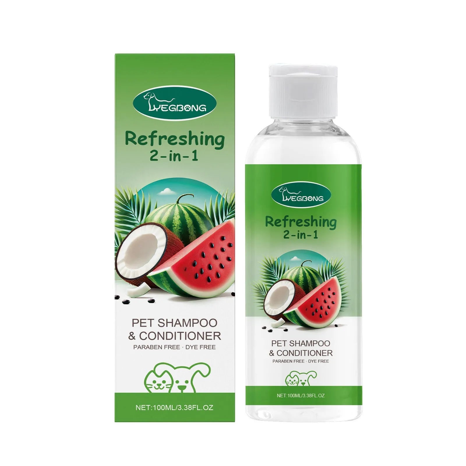 100ml bottle of pet 2-in-1 shampoo shower gel with watermelon and coconut scent.