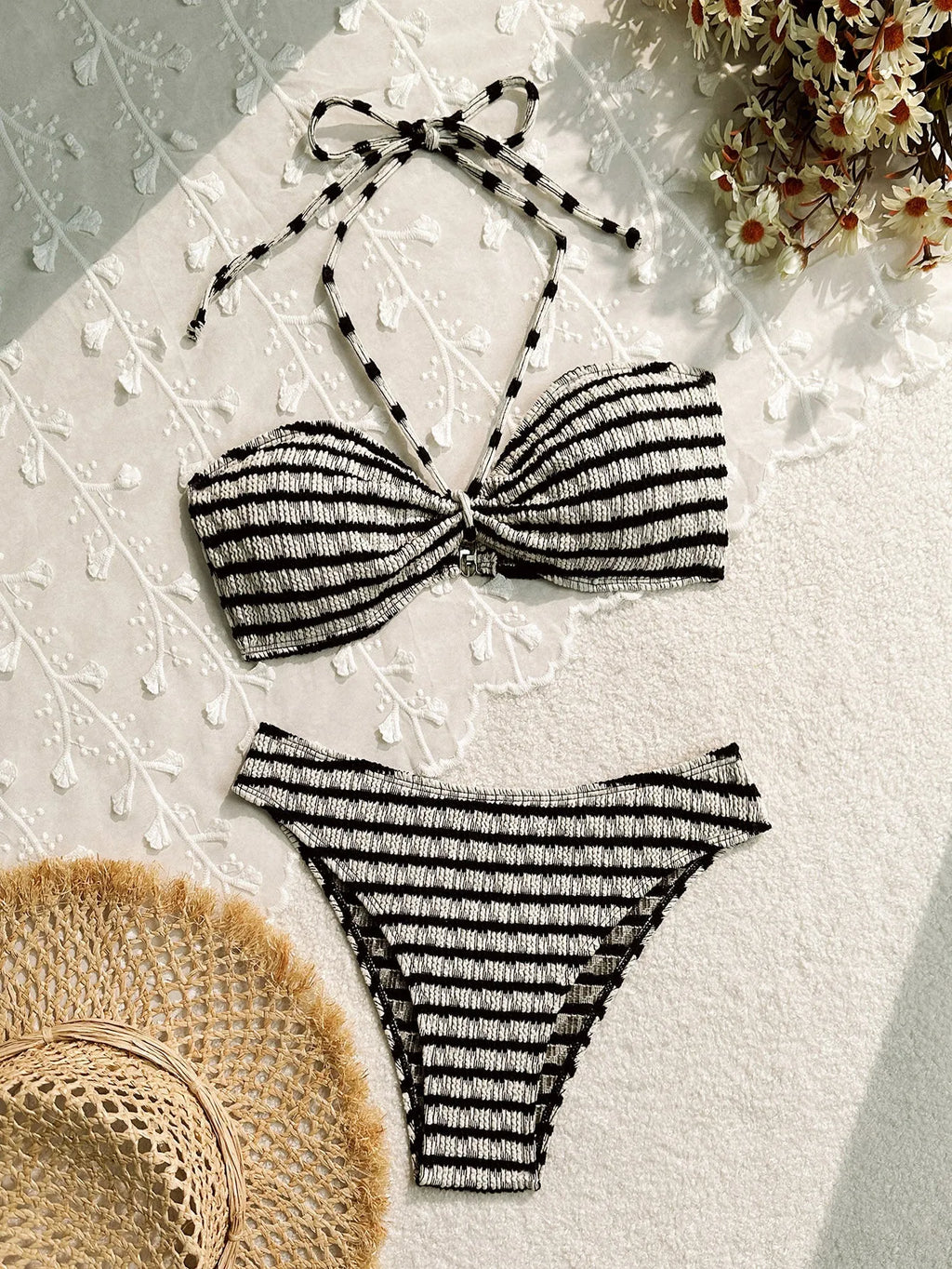 Women's striped bikini swimsuit in split briefs style
