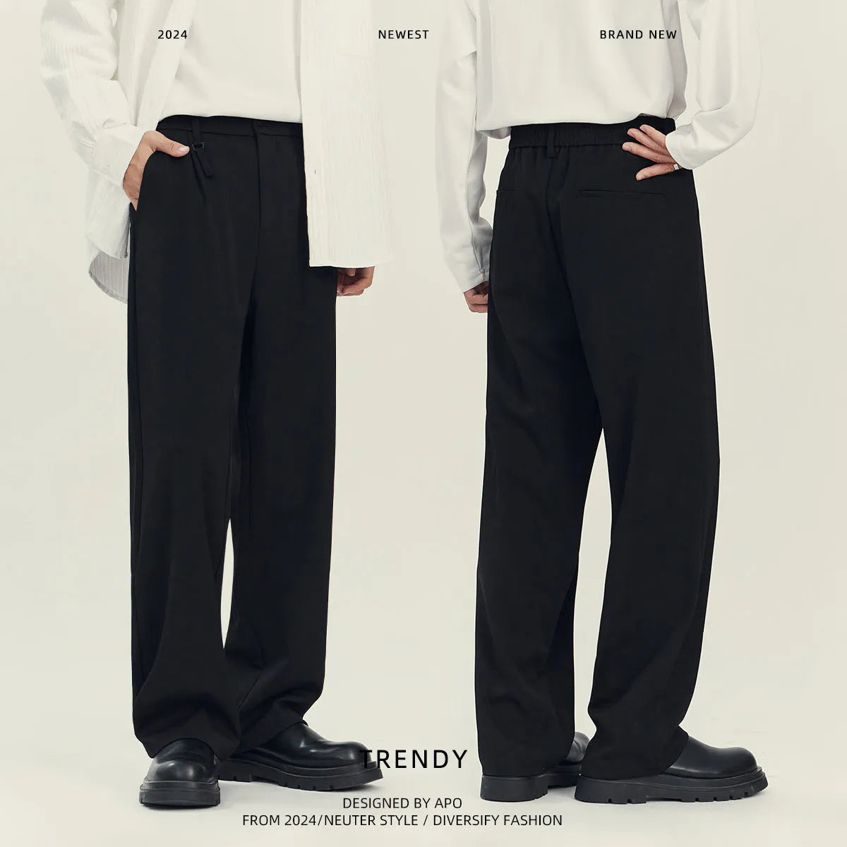 Man wearing black straight-leg business casual trousers with a draping design, made from a polyester blend fabric.