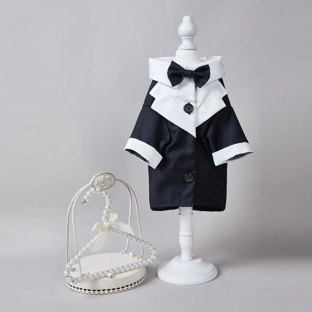 Chinese-style four-legged dog wedding suit in polyester available in black, grey and dark blue