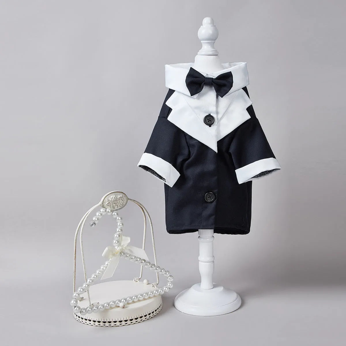 Chinese-style four-legged dog wedding suit in polyester available in black, grey and dark blue