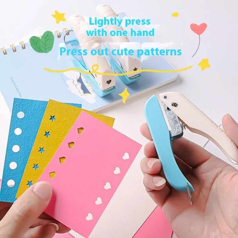 Manual craft punching machine with love, star, and round hole dies for kindergarten patterns.