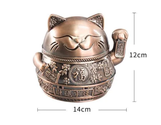 Lucky cat ashtray made from zinc alloy with cover in gold black colour for home living room