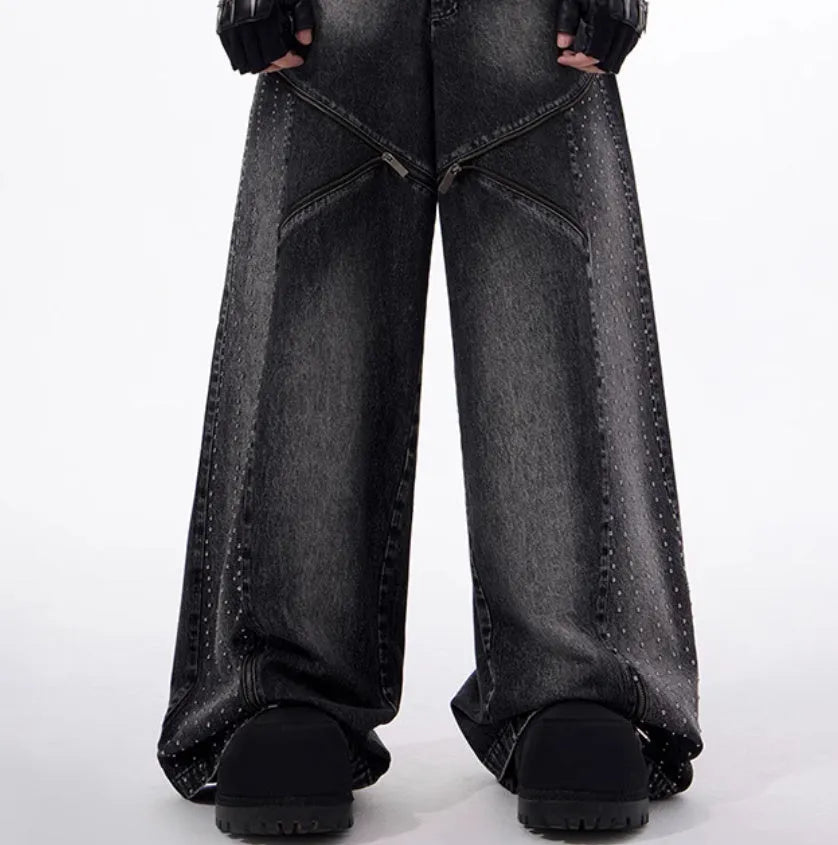 Korean style washed denim wide leg pants with matching waistcoat in black and grey colour